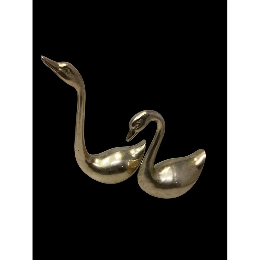 Vtg MCM Pair Of Large Brass Swans 9"and 6"